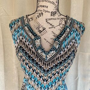 Blue and Black Patterned Sleeveless Dress